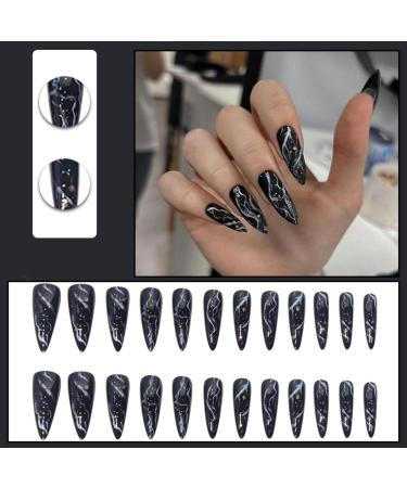 JUSTOTRY Glitter Stiletto Fake Nails - 24 Pcs Long Black French Press on Nails with Beautiful Swirl Almond Patterns - Extra Long False Nails with Glue for Women's Nail Art - Buy Online on GoSupps.com