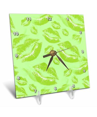 3dRose 6x6 Desk Clock - Two Kisses Collided Lip Smacking Lime Colored Lips Pattern Pattern - Lipstick Kisses