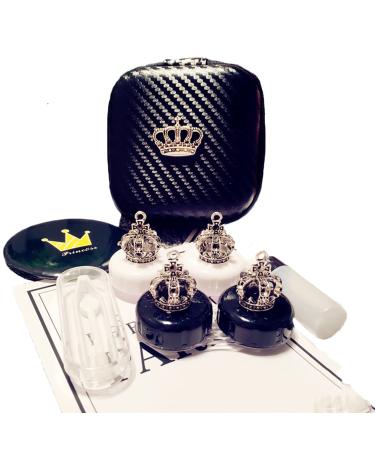 2 pack- Fashion Contact Lens Case Cute Crown Black White Leak Proof - Portable Box Kit with Mirror (2 pack - Crown)