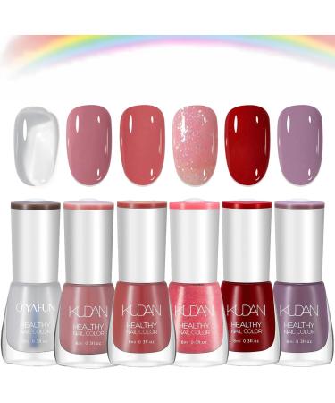 6-Piece Non-Toxic Water-Based Nail Polish Set: Quick-Dry Long-Lasting Nude and Red Shades with Bright Oil and Holographic Gel for DIY Nail Art at Home. No UV Required. Includes Purple Hue Pink series *6