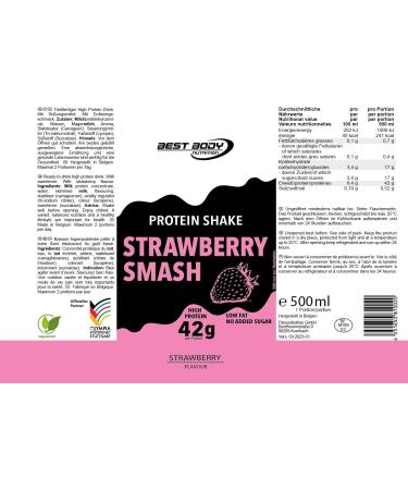 Best Body Nutrition 42g Protein Shake - Strawberry Smash - 8x500ml Bottles - Ready to Drink No Added Sugar - International Shipping Available - Buy Online on GoSupps.com