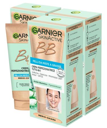 Garnier SkinActive BB Cream All in 1 Perfecting Face Cream Combination for Oily Skin SPF 25 Aloe Vera Hyaluronic Acid Moisturising Mattifying Medium Light Tint - Pack Of 3