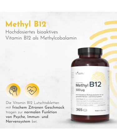 B'Sain Methyl B12 Sucking Tablets 500 g - High Dose Active Vitamin B12 with Fresh Lemon Taste - 365 Count - Buy Online on GoSupps.com