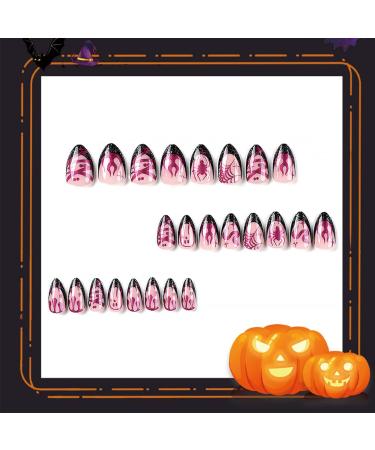24Pcs Oval False Nails - Black Pink Spider Web Fire Snake Print Halloween Press on Nails - Buy Online on GoSupps.com