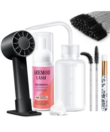 Lash Shampoo for Eyelash Extensions Lash Shampoo Kits with Lash Fan 60ML Lash Shampoo Eyelash Foaming Brush Eyelid Makeup Remover Cleanser Lash Bath Kit (Black)