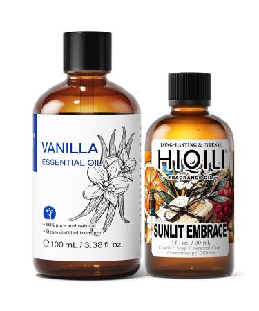 HIQILI 100ML Vanilla Essential Oil & 30ML Sunlit Embrace Fragrance Oil for DIY Diffuser