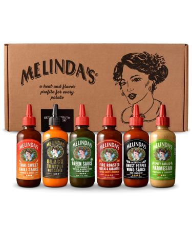 Melinda’s - A Taste of Melinda’s Collection – Craft Pepper Sauce and Condiment Gift Set - Includes Black Truffle, Thai Sweet Chili, Roasted Garlic & Habanero, Ghost Pepper, Spicy Garlic Parmesan- 12 oz, 6 Pack