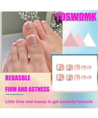 YOSOMK 24Pcs French Tip Press On Toe Nails - Rhinestone Square Toe False Nails for Women - Nude Pink Full Cover Glue On Toenails - Buy Online on GoSupps.com