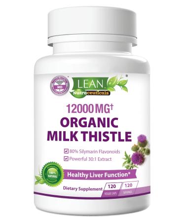 Liver Cleanse Detox & Repair  Organic Milk Thistle 12000 Mg 120 Day Support Supplement  30X Seed Extract with Silymarin Pills  MD Pure Herbal Kidney Lung Health Fast Active Aid Formula 120 Capsules
