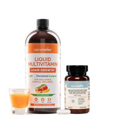 NatureWise 1 Liquid Multivitamin Hair Growth - Sugar Free Peach Mango - 30 floz 30Servings + 1 Magnesium Glycinate 625mg - Chelated Magnesium - 30 Capsules 30-Day Supply