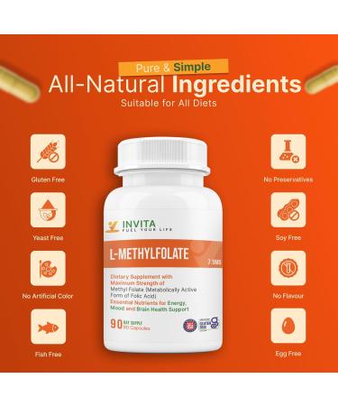 INVITA L-Methylfolate 7.5mg Physician Formulated Active Methyl Folate - 5-MTHF Supplement for Energy Mood & Brain Health Support - Non GMO Gluten Free 90 Capsules (3 Month Supply) 7.5 mg - Buy Online on GoSupps.com