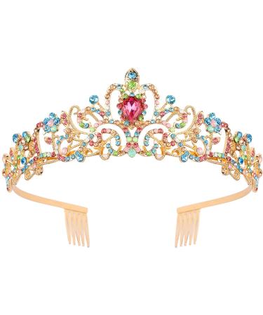 Araluky Gold Tiaras and Crowns for Women,Birthday Crown and Princess Decorations for Girls or Women, Multicolor Crystal Tiara Crowns For Women ,Elegant Crown with Combs Bridal Wedding Prom Birthday Party Gifts for Women(Mu…
