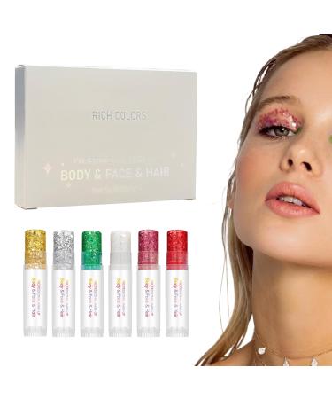 Glitter Body Gel | 6 Colors of Sparkling Gel Paint Face Glitter | For Concerts Parties Clubbing Halloween Carnival Christmas and Fairy Tale Themes