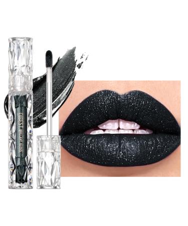 Black Glitter Lip Gloss Diamond Shimmer Lipstick Metallic Matte Lipstick High Pigment Waterproof Long Lasting Lipsticks Sparkling Glossy Liquid Lipstick Lip Gloss for Women (#10 Black)