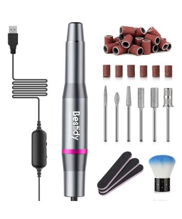 Bestidy Best Gift Electric Nail Drill Kit, USB Manicure Pen Sander Polisher with 6 Pieces Changeable Drills and Sand Bands for Exfoliating, Polishing, Nail Removing, Acrylic Nail Tools (B-Black)