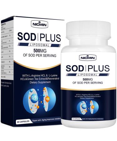Superoxide Dismutase Supplement 500mg - SOD Plus with liposomal glutathione AKG Green Tea Extract L-Arginine Lysine Resveratrol and Vitamin E for Immune Support Antioxidant 60 Capsules 60 Count (Pack of 1)