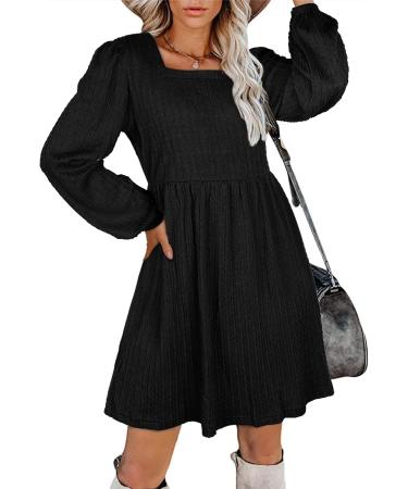 Aokosor Square Neck Long Sleeve Knit Dress - S Black | Knee-Length Babydoll Jumper Dress - Buy Online on GoSupps.com