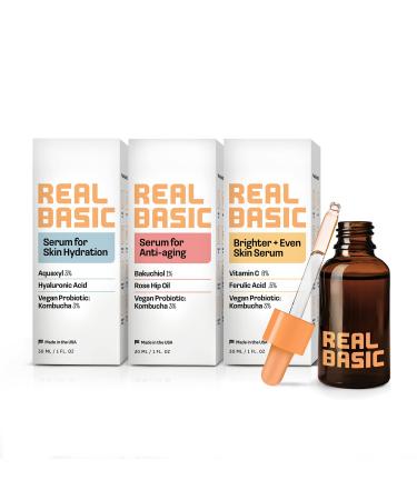 Real Basic Perfect Skin Trio 3-PC Skin Serum Collection: Includes Serum for Brighter + Even Skin Serum for Anti-Aging AND Serum for Hydration
