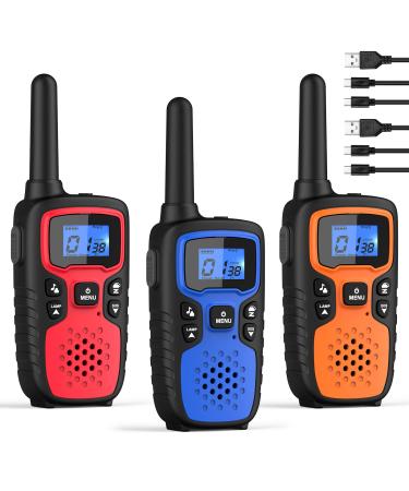 Walkie Talkies for Adults Long Range-Wishouse Rechargeable 2 Way Radios Hiking Accessories Camping Gear Toys for Kids with Lamp SOS Siren NOAA Weather Alert VOX Easy to Use(Red Blue Orange 3 Pack)