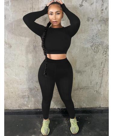Kaximil Women's Workout Tracksuit Set - Long Sleeve Crop Top & High Waist Legging Pants - X-Large Black - Buy Online on GoSupps.com