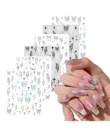 Eseres Butterfly Nail Stickers 3D Self-Adhesive Nail Decals Laser Silver Black Metallic Butterfly Nail Decals for Nails DIY Women Nail Accessories Decor 6Sheets