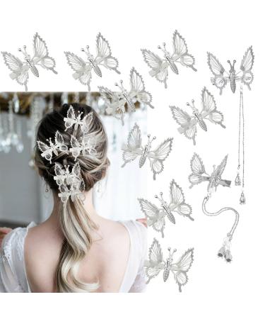 8 Pcs 3D Moving Butterfly Hair Clips  2 Pcs Fluttering Butterfly Tassel Hair Barrettes  Cute Flapping Butterfly Claw Clips Bride Wedding 90s Styling Accessories for Women Girls (Silver)