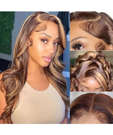 TTHAIR Highlight Lace Front Wig Human Hair 13x4 Transparent HD 4/27 Honey Blonde lace frontal Wig Pre Plucked with Baby Hair 180% Density Body Wave Lace Front wig Human Hair Natural Hairline 20Inch body 20 Inch 13x4 body...