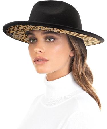 UTOWO Two-Tone Felt Fedora Panama Hat for Women Men - Wide Brim Black & Leopard Patchwork Jazz Cap - 7 1/4 Size - Buy Online on GoSupps.com