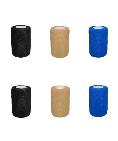 6 Rolls Self Adherent Cohesive Bandages Athletic Elastic Cohesive Bandage Wrap First Aid Wrap for Sports Injury Wrist Knee Ankle Sprains and Swelling 3"x 5 Yards (Black+Beige+Blue)
