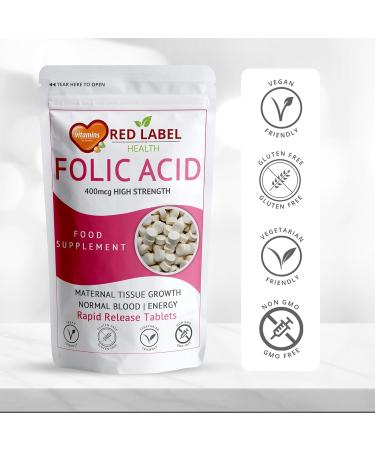 Red Label Health Folic Acid 400 mcg Tablets 365 Vitamin B9 Tablets (1 Year Supply) Folate Fertility Supplement for Women Vegan Vegetarian Supports Maternal Tissue Growth Made in The UK 1 count (Pack of 365) - Buy Online on GoSupps.com