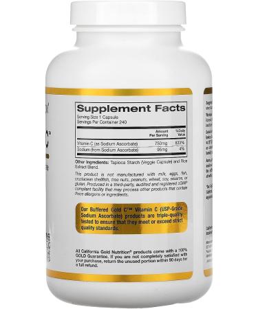 California Gold Nutrition Buffered Gold C Non-Acidic Vitamin C Supplement - 750mg - 240 Veggie Capsules - Buy Online on GoSupps.com