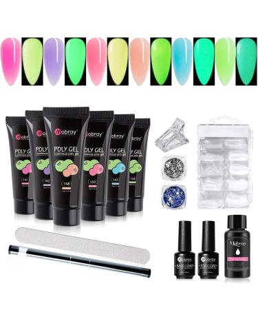 Mobray Poly Nail Gel Kit Glow in the Dark Poly Gel Polish Set Pink Sage Neno 6 Colors Soak off UV/LED Gel with Slip Solution Gel Manicure Kit for Nail Art Starters and Professional Kit2