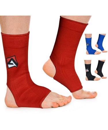 AQF MMA Ankle Support Muay Thai Foot Brace Guard Kick Boxing Sprains Achilles Tendon Pain Relief Protector Elasticated Breathable Compression Sleeve (Red L) Red L