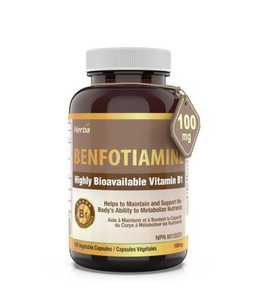 Herba Benfotiamine B1 Vitamin - 120 Capsules | 100mg of High Dose Vitamin B1 Supplement | Highly Bioavailable - Fat Soluble Vitamin B 1 | Better Absorption than Thiamine B1 Supplement | Made in Canada