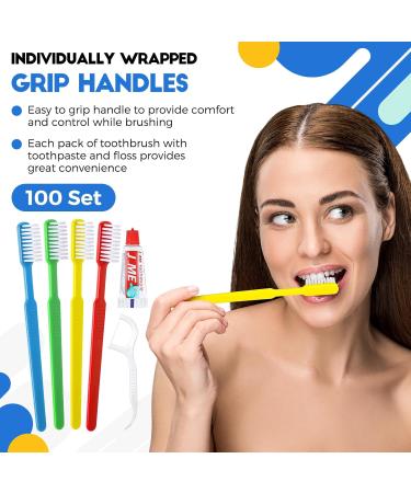 100 Kit Disposable Toothbrushes & Dental Floss - Individually Wrapped Travel Kits for Hotels Charities & Nursing Homes - Buy Online on GoSupps.com