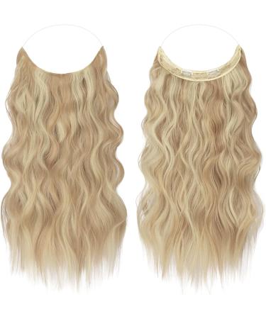 FESHFEN Invisible Wire Hair Extensions 16 Inch Long Wavy Synthetic Hair Piece for Women - Dark Golden Mix Beige Blonde - Buy Online on GoSupps.com