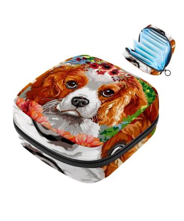 Menstruation pad bag with zipper women's napkin bag tampons collecting bags for women and girls (cute dog with wreath in red flowers)