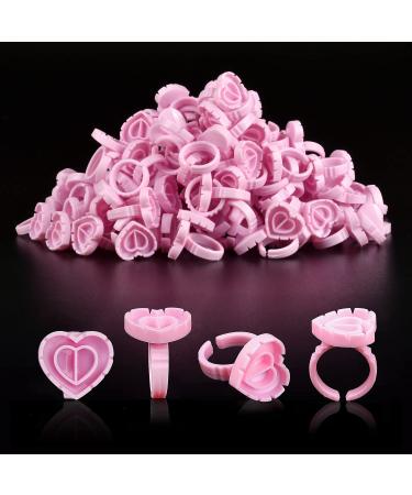 Glue Rings INFILILA Glue Rings for Eyelash Extensions 100PCS Disposable Rings For Lashes Lovely Heart Shape Lash Fan Blossom Glue Cups Lash Extension Supplies Lash Supplies for Eyelash Extensions pink