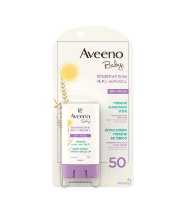 Aveeno Baby Sensitive Skin Mineral sunscreen stick Spf 50 With 100% Zinc Oxide for Face & Body Sweat- & Water-resistant Kids sunscreen stick Travel Size 13 Grams