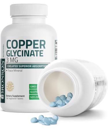 Bronson Copper Glycinate 3mg Chelated Superior Absorption Non-GMO, 180 Vegetarian Tablets - Buy Online on GoSupps.com