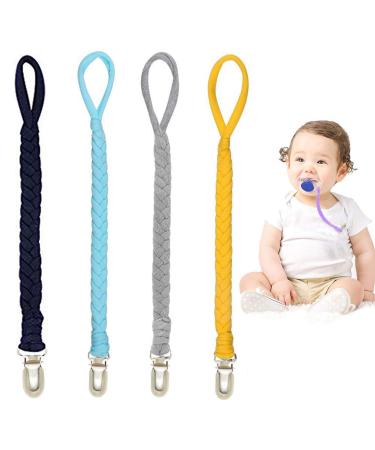 Pacifier Clips for Boys and Girls - Braided Binky Clips - 100% Handmade Baby Pacifier Holder Leash - Unisex Baby Shower Gifts (Navy Blue/Gray/Light Blue/Yellow)