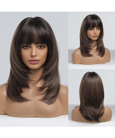 Emmor ombre dark brown wigs for women long layered brown wigs with bangs heat -resistant synthetic fiber wig nature looking daily wigs ombre braun2
