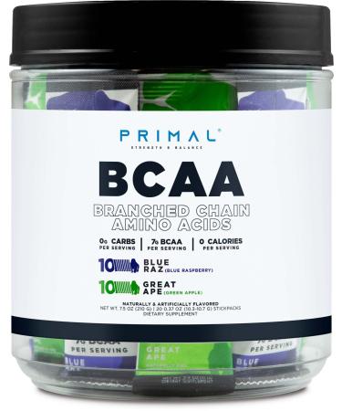 Primal BCAA Variety Pack Blue Raspberry + Great Ape Green Apple Flavored (20 Stickpacks) - 7G BCAA per Serving Branched Chain Amino Acids
