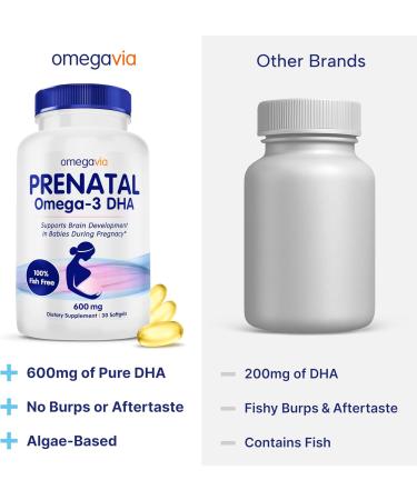 OmegaVia Prenatal DHA 600mg | Fish-Free Omega-3 Supplement | Supports Baby s Brain Eye & Nervous System Development | Safe for Pregnancy & Lactation | 30 Easy-to-Swallow Softgels Prenatal DHA 30 Count (Pack of 1) - Buy Online on GoSupps.com
