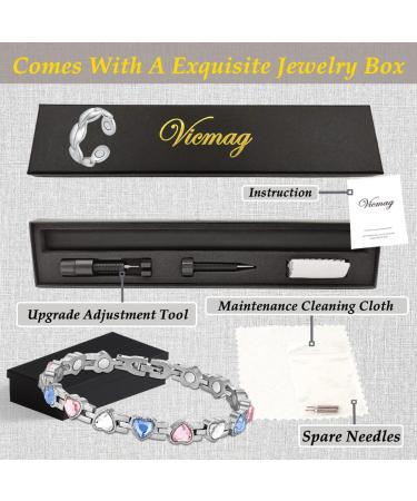 Vicmag Lymphatic Drainage Magnetic Bracelets for Women | Titanium Steel Brazaletes | Adjustable with Removal Tool | 7X Magnetic Ring | Gift Box | Coloured Heart Crystal - Buy Online on GoSupps.com
