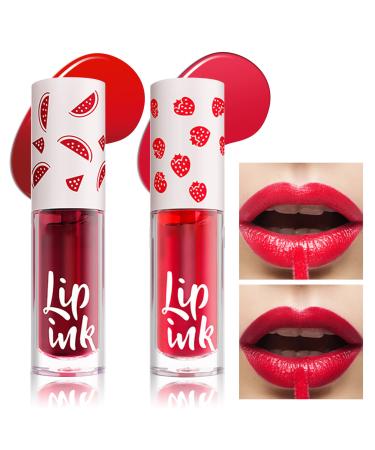 Prreal 2pcs Lip Tint Stain Mini Lip Stain Moisturizing Liquid Lipstick Multifunctional High Pigment Lipstick for Lip Cheeks and Eyes Long Lasting Waterproof Lip Makeup Gift (#01+#02) 01 Strawberry + 02 Watermelon