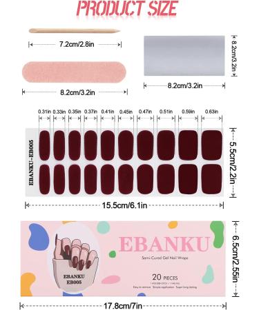 EBANKU Dark Red Gel Nail Polish Strips - 20 Stickers with File, Stick & Sealing Strip | Semi Cured, Adhesive Wraps for UV/LED Lamp - Buy Online on GoSupps.com