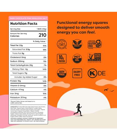 QUANTUM Energy Square | Organic Caffeinated Energy Protein Bars | Plant Based 10g | Gluten-Free Vegan Snack Bar with Dark Chocolate Pink Himalayan Sea Salt | 8 Pack - Buy Online on GoSupps.com