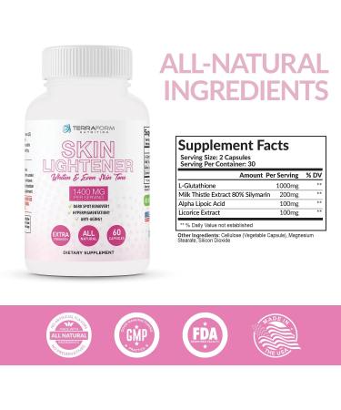 Terraform Nutrition Glutathione Skin Lightening Supplement - 1000mg per Serving - Clear Dark Spots and Acne Scars - 30 Servings - Buy Online on GoSupps.com