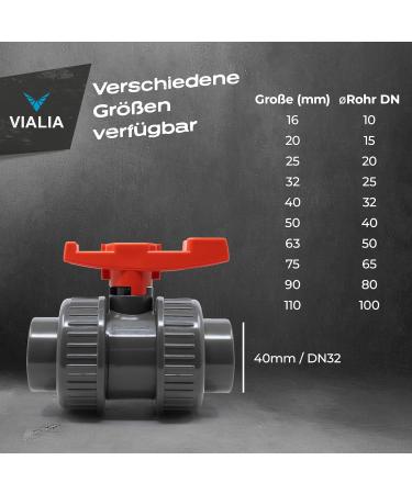 VIALIA 40mm PVC Ball Tap - Double Union Shut-Off Valve for Pool & Pond Construction | Ideal for Aquaristics & PVC Pipe Connections - Buy Online on GoSupps.com